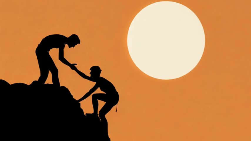 Silhouette of Two Hikers Helping Each Other Climb Mountain at Sunset