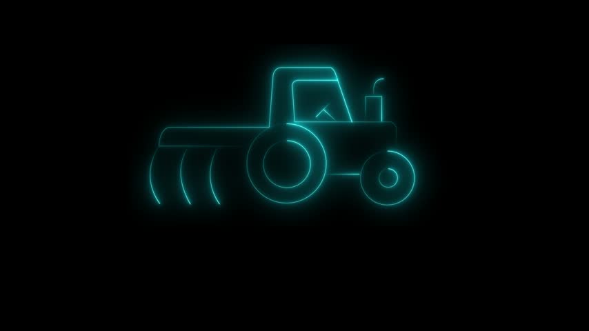 A glowing neon-blue outline of a tractor with large rear wheels, a cabin, exhaust pipe, and front plow blades on a dark black background, symbolizing farming, machinery, and agriculture tech.4k