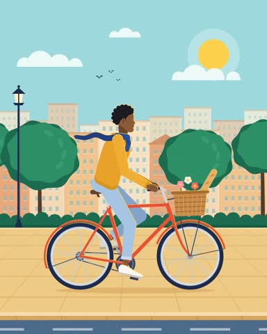 Seamless loop animation of a young Black man pedaling a red city bike with a basket of bread and flowers. Wheels spin, the street, trees and houses scroll by, scarf flutters. Flat style.