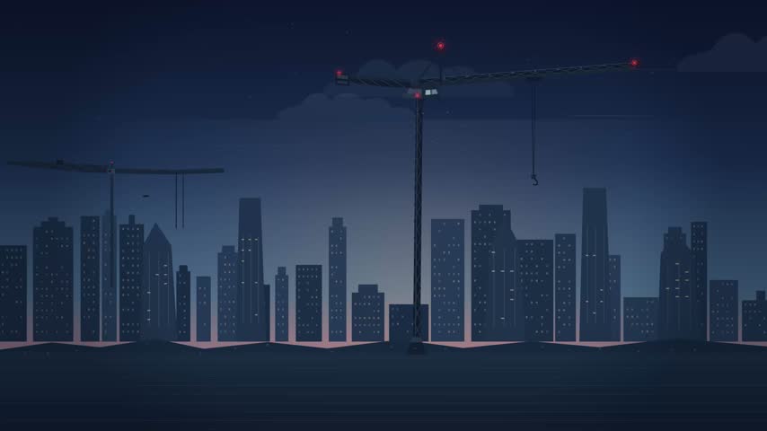 Flat vector night city skyline with tower cranes and glowing windows under dark starry sky, urban construction site cartoon animation background