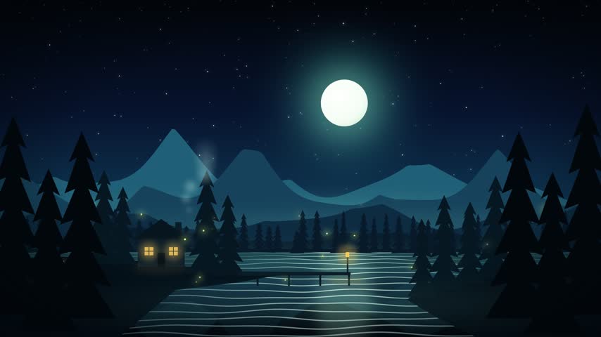 Cozy wooden cabin near lake under full moon in night pine forest landscape loop. Peaceful night landscape with glowing cabin, lake pier, and full moon seamless loop