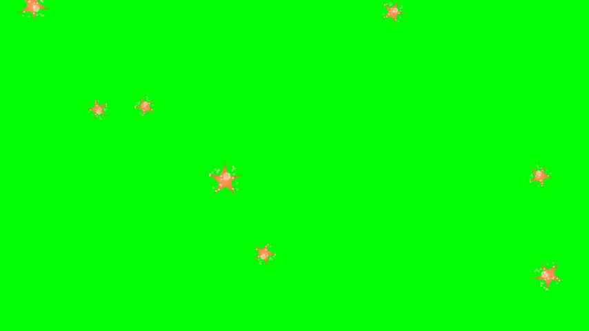 Falling coral starfish with five tapering arms and pale tube-feet dots on pure chroma green; seamless 10s loop for easy keying.