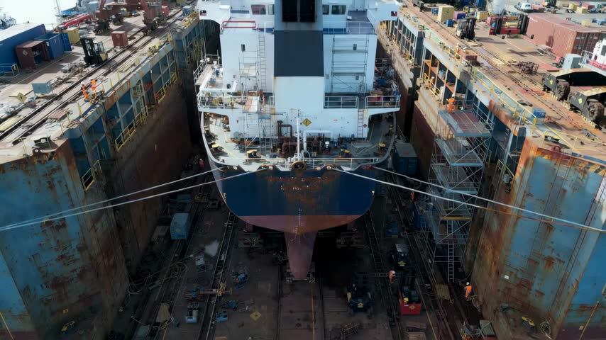 Cargo Ships Docked at a Busy Industrial Port with Large Red Cranes and Container Stacks. and Shipping and Maritime