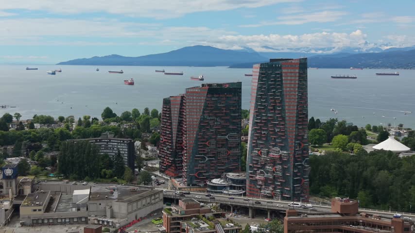 Wide aerial view of new buildings in downtown Vancouver