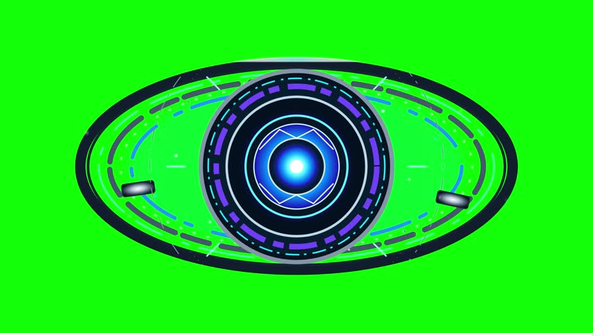 An animated digital eye graphic with glowing blue iris lens rings and scanning light bar on a green screen background