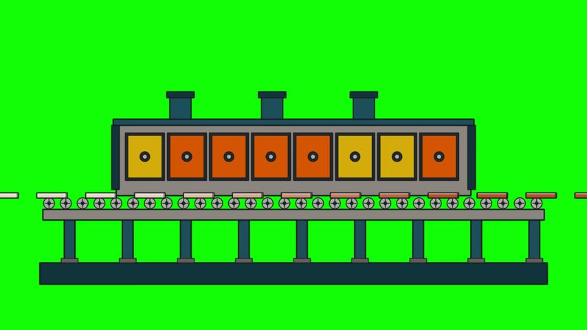 An animated industrial factory line features products moving along a conveyor belt through a large heating furnace against a green screen background.