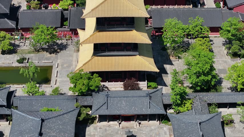 Aerial View of Traditional Courtyard Halls at Guangfulin Park Shanghai