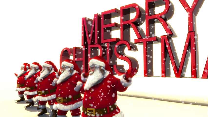 5 Santas Dancing in front of Merry Christmas text with snow. Loop.