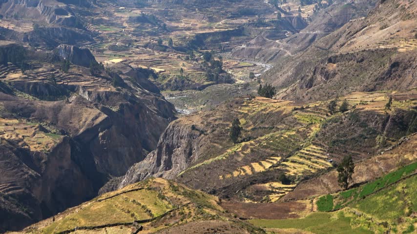 Zooming Out over Colca Valley with Agricultural Terraces and Andean Mountains, Peru