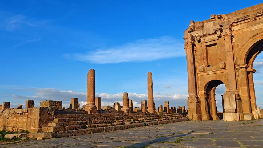 Ancient Roman ruins of Timgad with the Arch of Trajan under a clear blue sky in Algeria