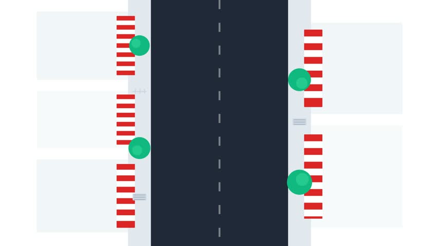 A top down design view of a peaceful town street featuring commercial shops with red and white awnings, dark slate pavement, and swaying emerald green trees.