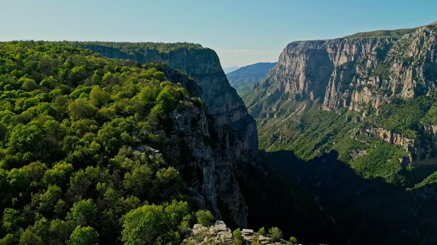 Aerial view of Vikos Gorge featuring deep canyon walls covered in lush green forests and rugged limestone cliffs in Greece.