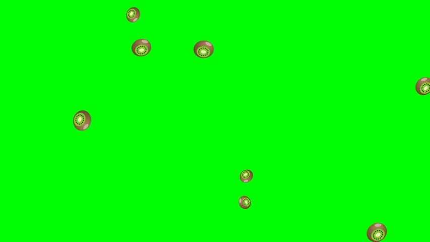 Floating kiwis with fuzzy brown skins and bright green seeded flesh on pure chroma green; seamless 10s loop for easy keying.