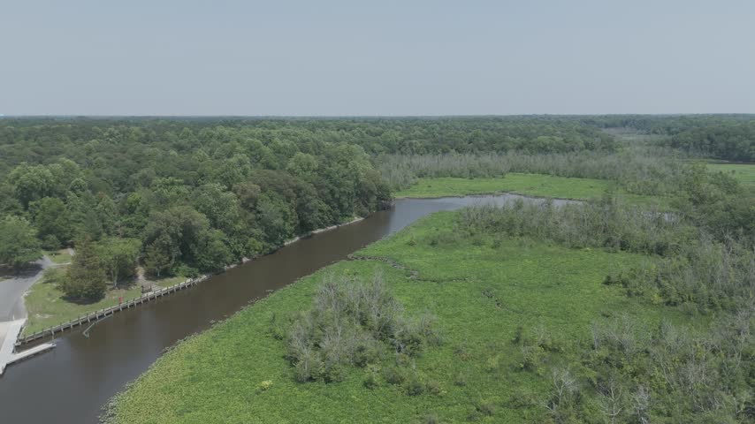 Aerial view of a tidal river curving through green marsh and forest on a summer day along the Choptank River near Denton, Maryland, USA.