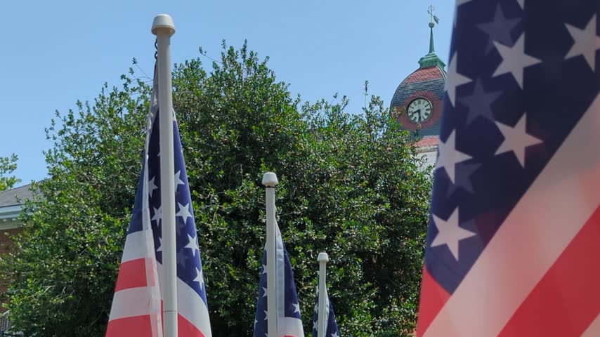 An American flag waving on its pole beside the cupola of a historic courthouse framed by green trees and blue sky, Denton, Maryland, USA.