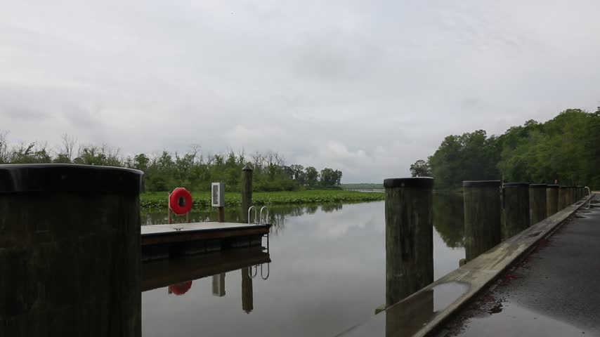 Empty wooden dock and pilings along a calm tidal river with marsh and trees on a gray overcast spring day, Maryland, USA.