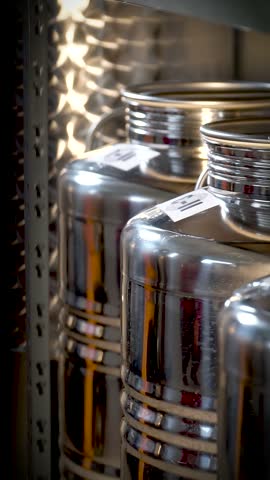 Stainless steel barrels are lined up on a metal shelf in a spirits distillery