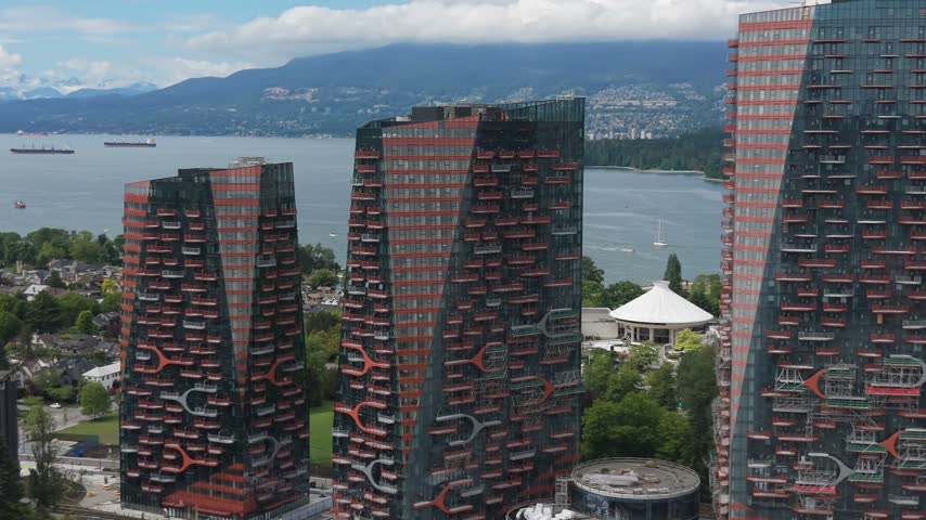 Close up aerial shot of buildings in downtown Vancouver Canada