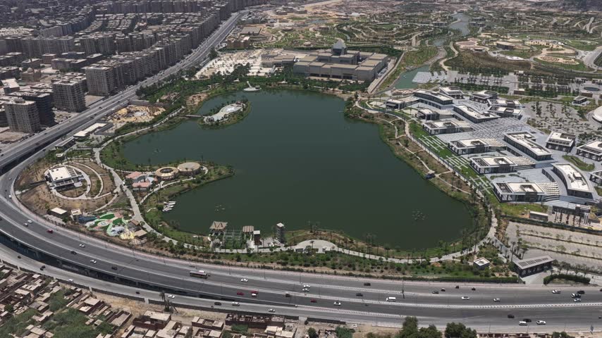 Aerial Drone Shot of Fostat Lake at day time, Cairo, Egypt