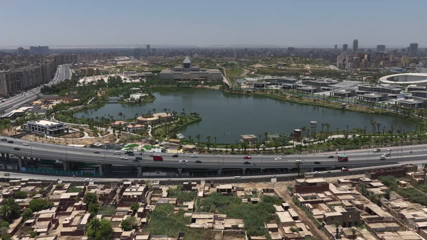 Aerial Drone shot of Fostat Lake, Cairo, Egypt