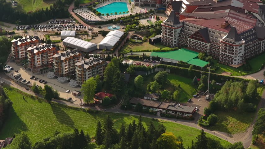 Luxury Hotel Gołębiewski Karpacz Resort At The Foot Of Śnieżka Mountain In Karpacz, Poland. Aerial Shot