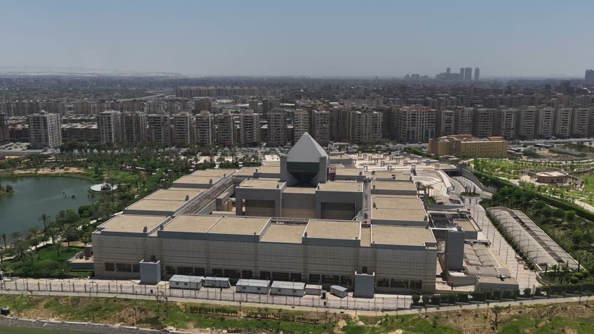 Aerial Drone Shot of Civilization Museum, Fostat, Cairo, Egypt