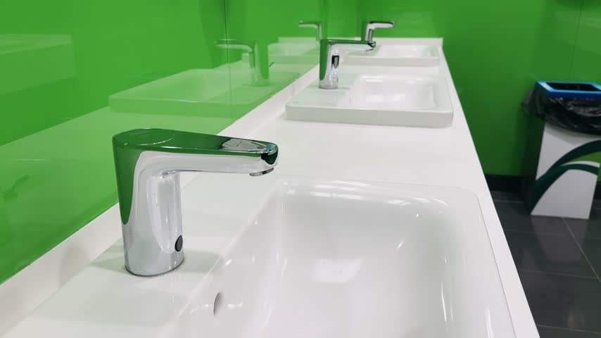 Panorama of modern restroom with multiple sinks and automated faucets in a public facility