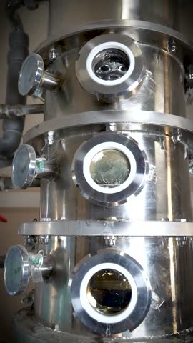 In a close-up shot of distillation taking place in a column still at a distillery, the dance of alcohol droplets can be seen through a round window.