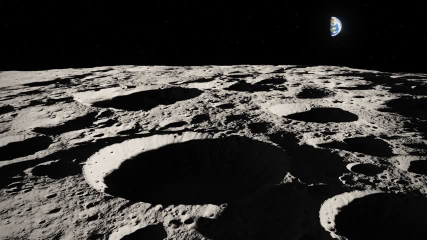 Cinematic animation of the moon surface with deep craters, starfield, and planet Earth in the background.