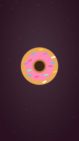 A glossy pink frosted donut with rainbow sprinkles rotates slowly. Seamless 10 second vertical 4K loop.