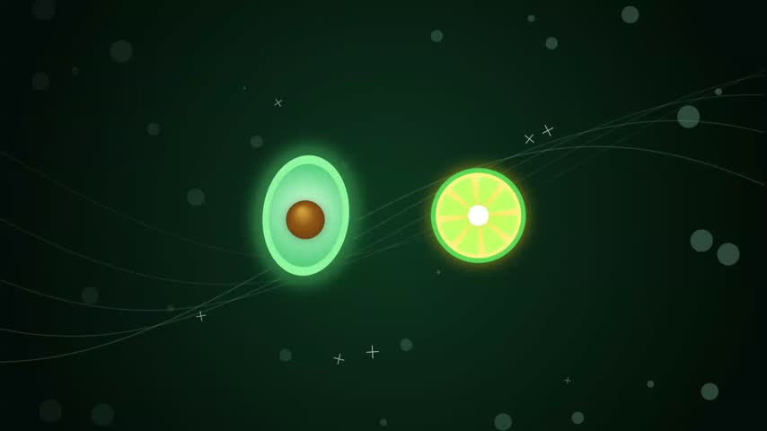 Minimalist 2D motion graphics illustration of an avocado half and a sliced lime glowing on a dark green background with abstract wave lines and floating particles. Ideal for healthy eating, nutrition,