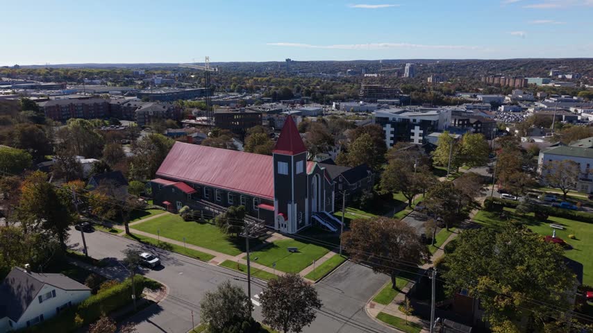 A calm daytime aerial view reveals St. Stephen