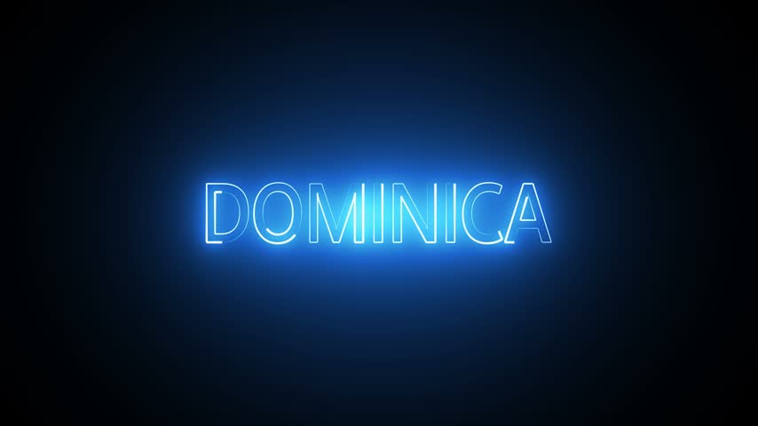 Neon glowing text dominica on dark blue background