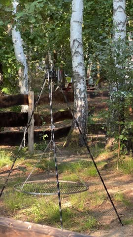 Striped hammock hangs between birch trees while the camera moves through a wooded backyard with a rustic fence and tree stump