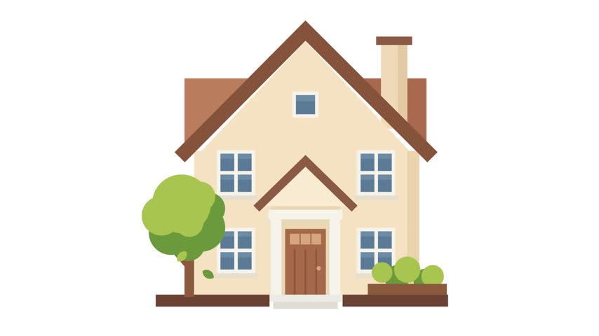 A clean flat design vector illustration of a two-story suburban house with a brown roof, chimney, and blue windows. The residence features a front door, a green tree, and manicured bushes. This minimalist 2D graphic represents real estate concepts, property investment, mortgage loans, and family home ownership.