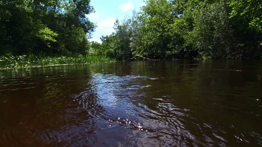 Scenic landscape of a crystal clear river flow between green banks under a blue sky with white clouds reflection in the water