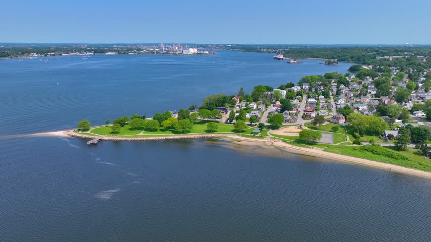 Sabin Point Waterfront Park aerial view in summer on Providence River in village of Riverside, city of East Providence, Rhode Island RI, USA. 