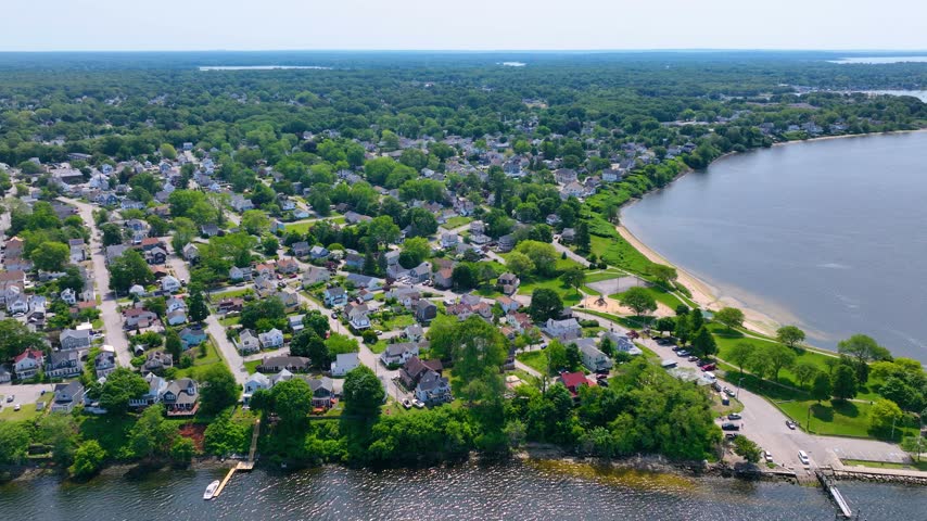 Sabin Point Waterfront Park aerial view in summer on Providence River in village of Riverside, city of East Providence, Rhode Island RI, USA. 