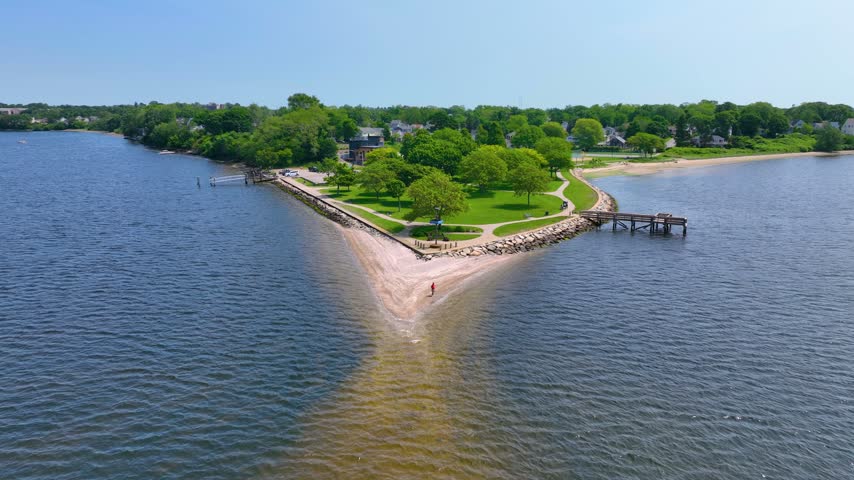 Sabin Point Waterfront Park aerial view in summer on Providence River in village of Riverside, city of East Providence, Rhode Island RI, USA. 
