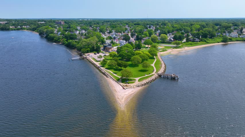 Sabin Point Waterfront Park aerial view in summer on Providence River in village of Riverside, city of East Providence, Rhode Island RI, USA. 