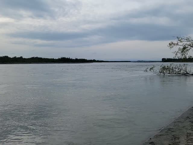 Wide silty glacial river flowing past a gravel bank near a jet boat landing in Talkeetna, Alaska