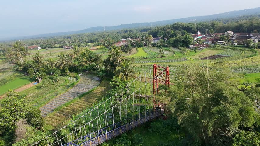 Misty morning aerial view of a majestic bridge over a fast river stream on the green slopes of Merapi Volcano