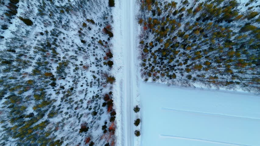 Snowy winter season in the wilderness. Drone footage over the road passing through the forest covered with snow.