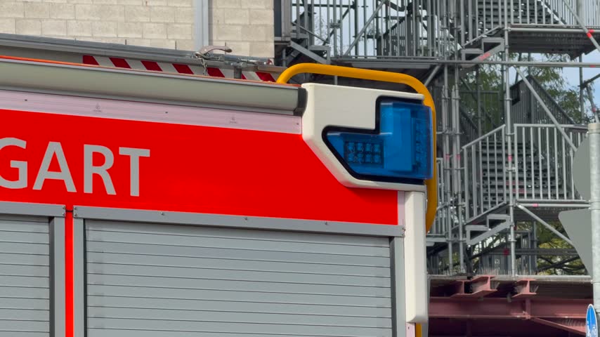B-Roll: Flashing Blue Emergency Corner Light and "STUTTGART" Lettering on a Stuttgart Fire Department Vehicle