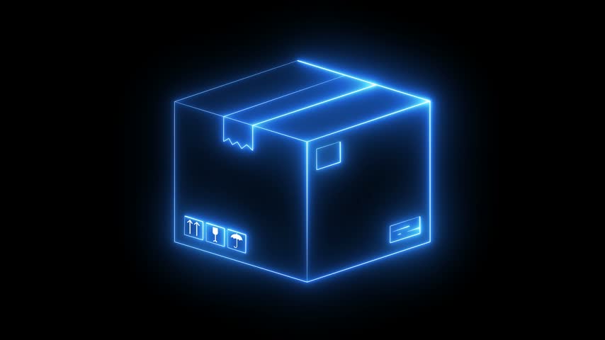 Glowing neon shipping box icon animation on black background. cardboard box icon. Parcel box icon animation. Shipping and logistics box. Parcel. E- commerce concept. Cardboard pack delivery.