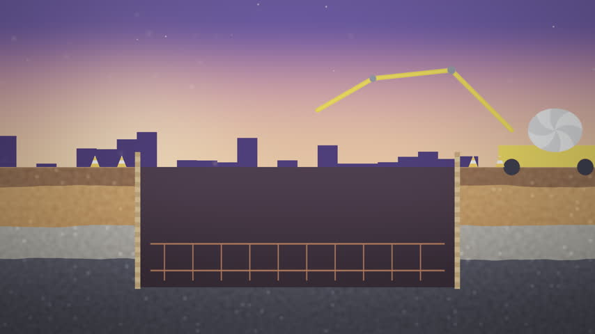 Concrete Pouring Into A Foundation Excavation Pit With Rebar Reinforcement Cage, A Construction Truck Crane Arm Discharging Liquid Cement Mix Into A Deep Trench During Urban Evening Sunset, Flat
