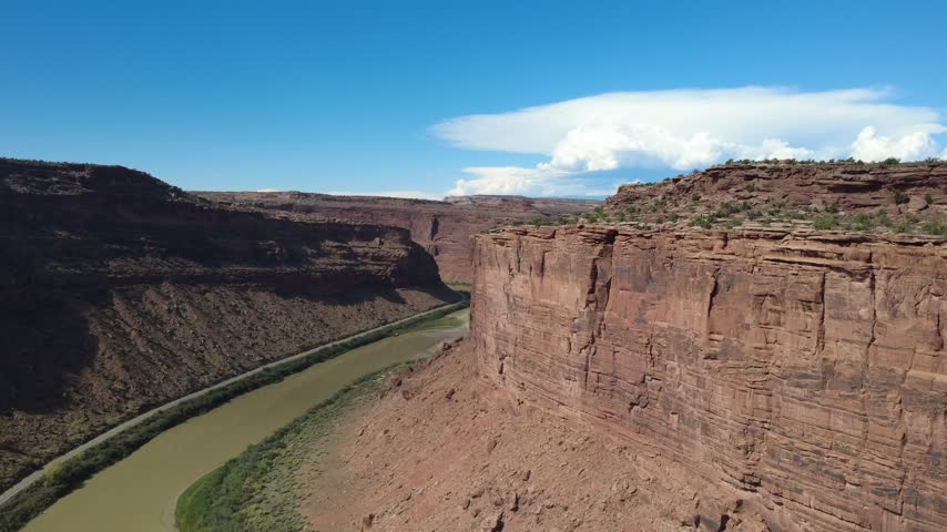Red rock river canyon with high aerial view.