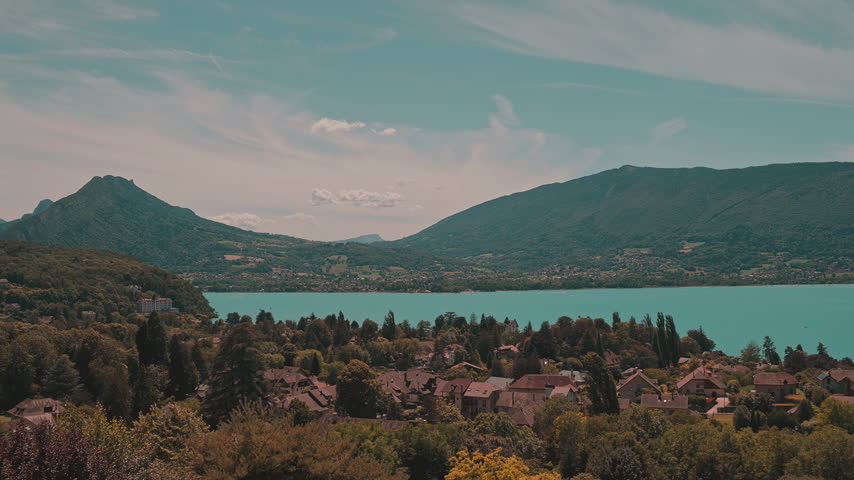 Aerial Panoramic View of Lake Annecy and Surrounding French Alps, France