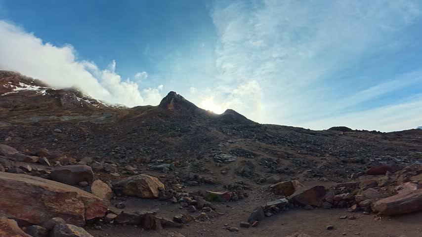Panoramic view of the hiking trail leading to the iztaccihuatl volcano peak from the high camp