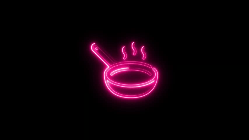 Glowing neon pot with steam rising on a dark black background illustration